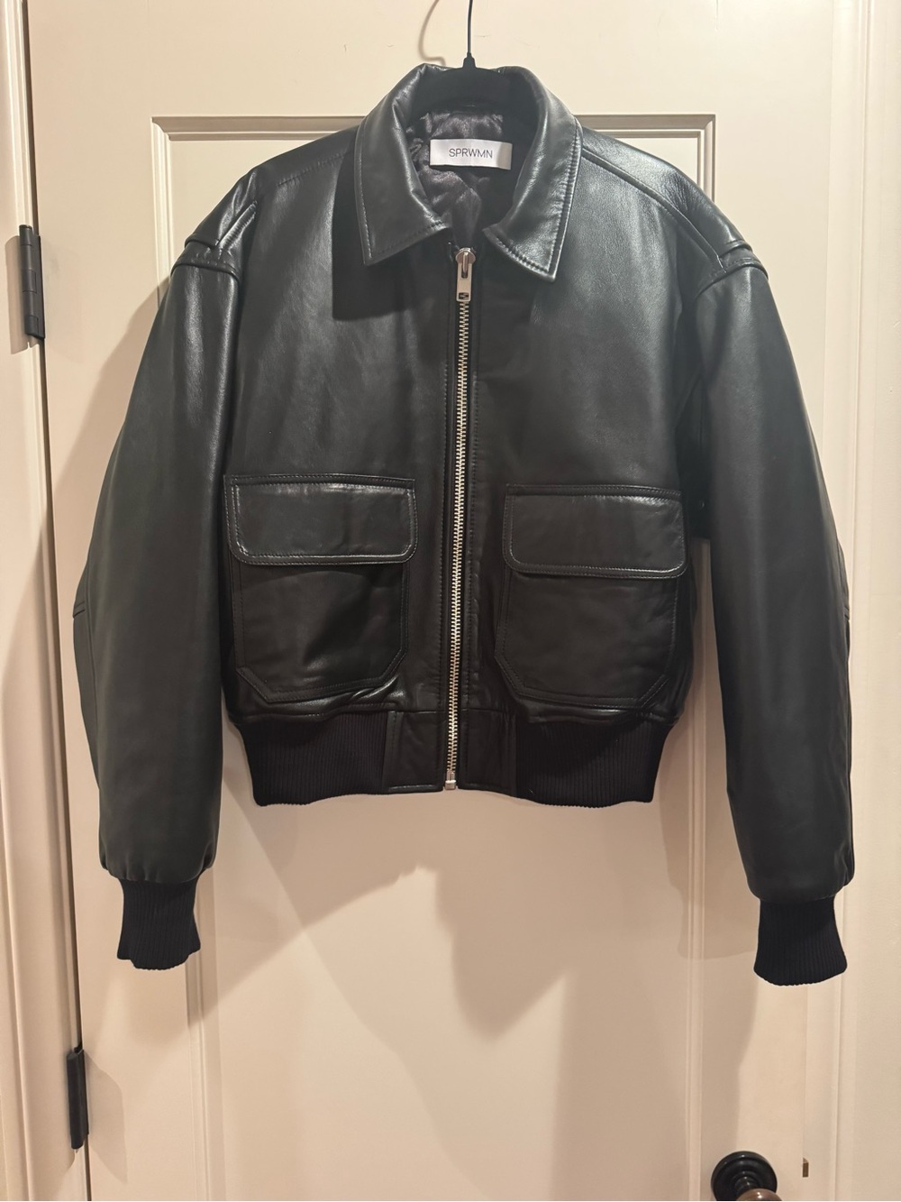 Sprwmn Black Leather Bomber Jacket with Front Flap Pockets
